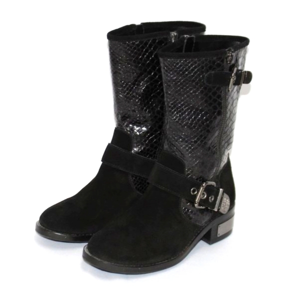 Vince Camuto Blk Leather Snakeskin Mid Calf Boots - Picture 1 of 14